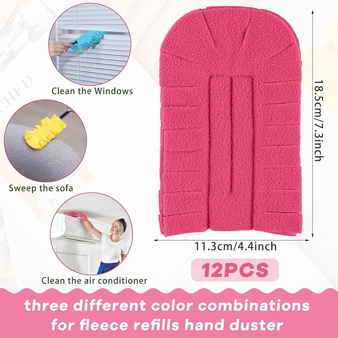 Zubebe 12 Pcs Heavy Duty Duster Refill Reusable Fleece Duster Refills Multi Surface Washable Cleaning Pads for Home, Blinds, Fans, Corners, Furniture (Watermelon Red,Blue,Yellow)