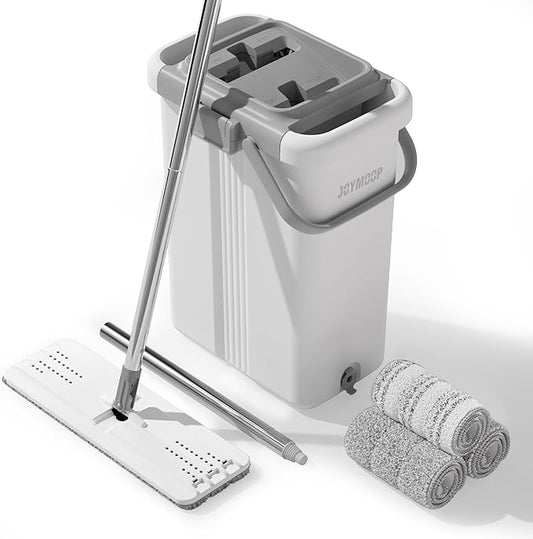 JOYMOOP Mop and Bucket with Wringer Set, Flat Squeeze Mop with Bucket (X-Large), Dust Mop for Wall Cleaner with Long Handle, Microfiber Mop - White Bucket with 3 Reusable 15" Pads