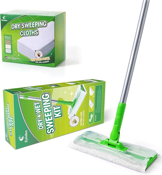 Eyliden Disposable Mop Starter Kit with 60 Refills -1 Sweeper Mop, 12 Wet Mop Cloths, 12 Heavy-Duty Pet Hair Mop Pads, 36 Dry Sweeping Cloths