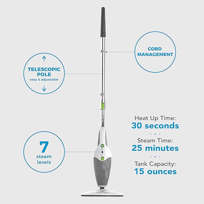 Steamfast SF-295 3-in-1 Mop, Handheld Steam Cleaner, and Fabric Steamer, 7 Steam Levels, 9 Accessories, 2 Washable Mop Pads