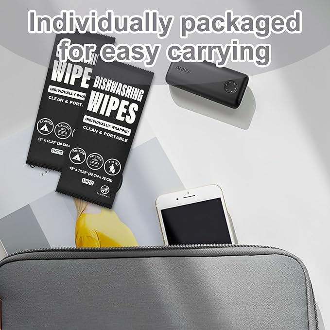 Dish Wipes Individually Wrapped, Portable Kitchen Disposable Wipes Bulk Travel Size Dishwashing Wipes for Outdoor Traveling/Camping/Hotel （12 x 10.2 inch,50Pack)