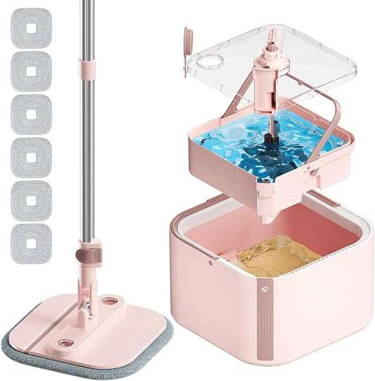 Upgraded Spin Mop and Bucket System Set, Self Separate Clean and Dirty Water, Foldable Square Standing Mop Head with Microfiber Mop Pads, Detachable Bucket (Pink, Mop Set with 6PC Pads)
