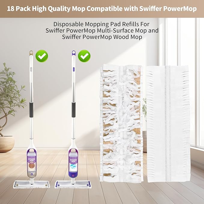18 Pack Disposable Mopping Pads Refills for Swiffer PowerMop Wood Mops, Spray Clean Pads Wet Pads Refill Replacement for Wood Floor Cleaning（Brown Without Handle）
