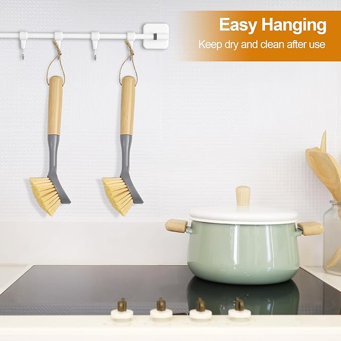 Kitchen Scrub Brushes with Bamboo Handle Built-in Scraper, Dish Brush for Cleaning Pans, Pots, Sink and Counter, 2 Pack