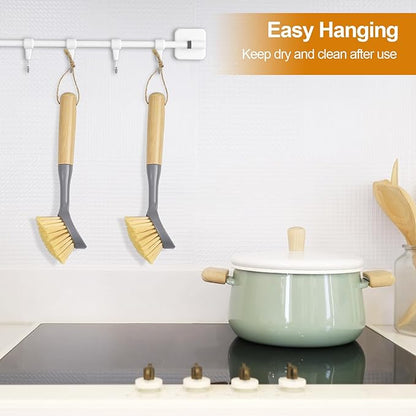 Kitchen Scrub Brushes with Bamboo Handle Built-in Scraper, Dish Brush for Cleaning Pans, Pots, Sink and Counter, 2 Pack