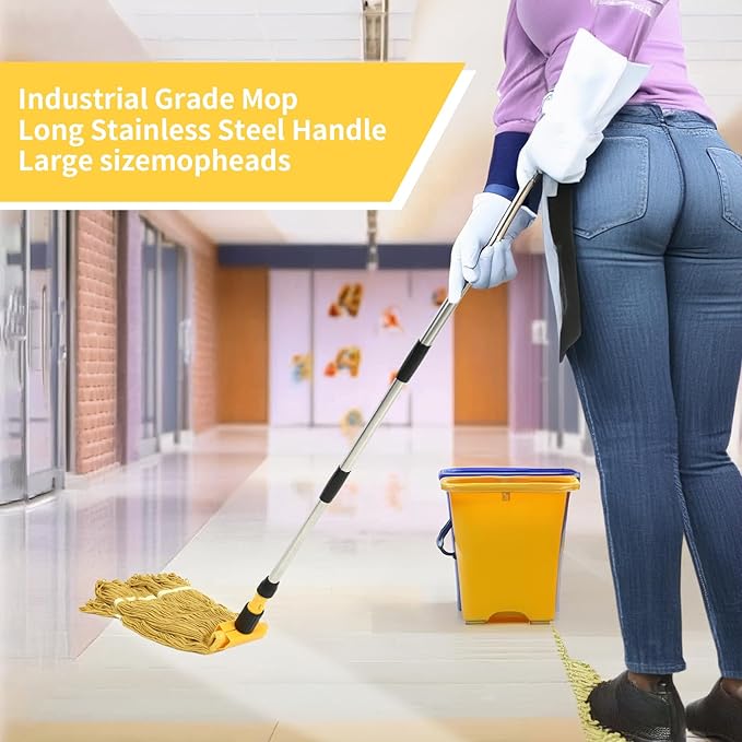 Commercial Mop, Looped-End String Industrial Mop, Heavy Duty Mops with 2 String Mop Heads for Floor Cleaning, Blue and Yellow