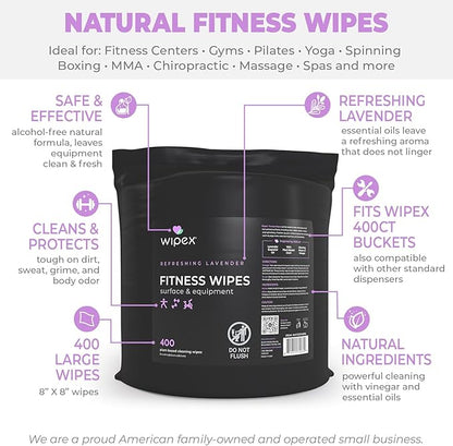 Wipex Gym Wipes for Equipment Bundle – Get 800 Wipes with (1) Lavender Bucket & (1) Plant-Based Refill Roll, Clean Surfaces & Mats, Safe Gym Cleaner, 400 Count (Pack of 2)