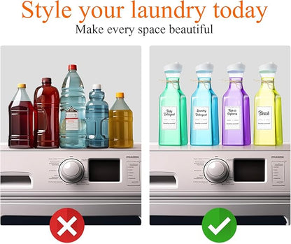 Hushee 4 Pcs Laundry Detergent Dispenser Bottle 51oz with Measure Cup Labels for Laundry Detergent Soap Fabric Softener Bleach Scent Booster Beads Bottle for Laundry Room Decor