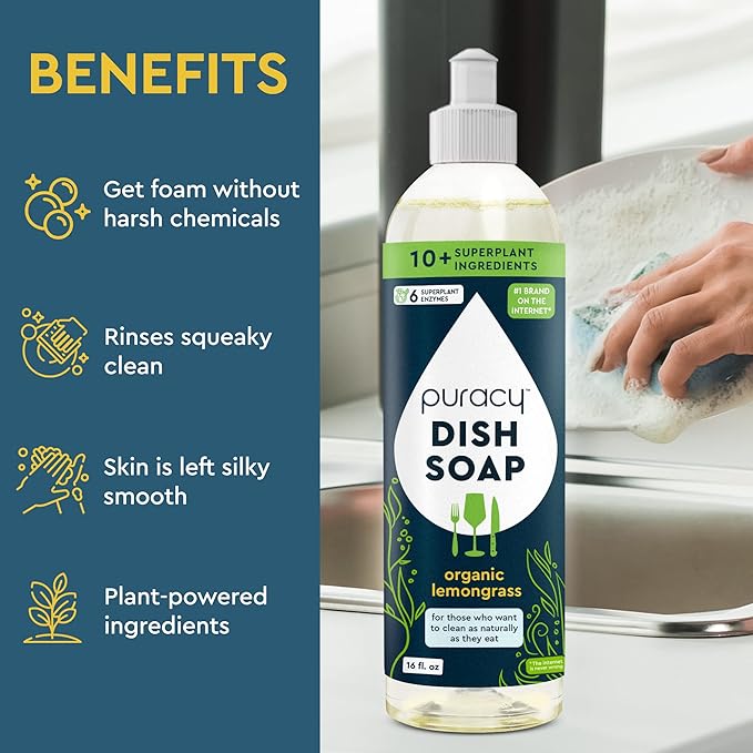 Puracy Natural Dish Soap - Skin-Softening Plant-Based Dishwashing Soap, Non-Toxic Dish Soap, Organic Liquid Dishwashing Detergent Soap (Organic Lemongrass, 16 fl oz, 3 Pack)
