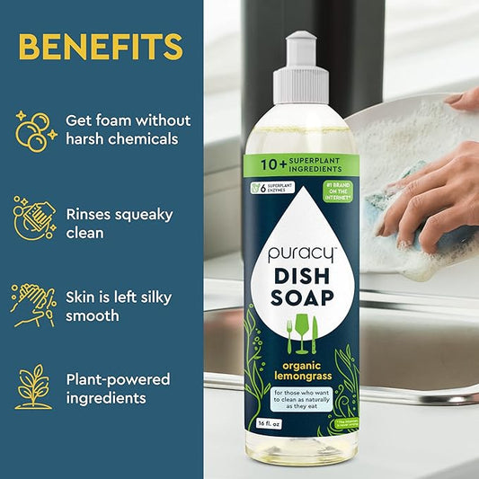 Puracy Natural Dish Soap - Skin-Softening Plant-Based Dishwashing Soap, Non-Toxic Dish Soap, Organic Liquid Dishwashing Detergent Soap (Organic Lemongrass, 16 fl oz, 3 Pack)