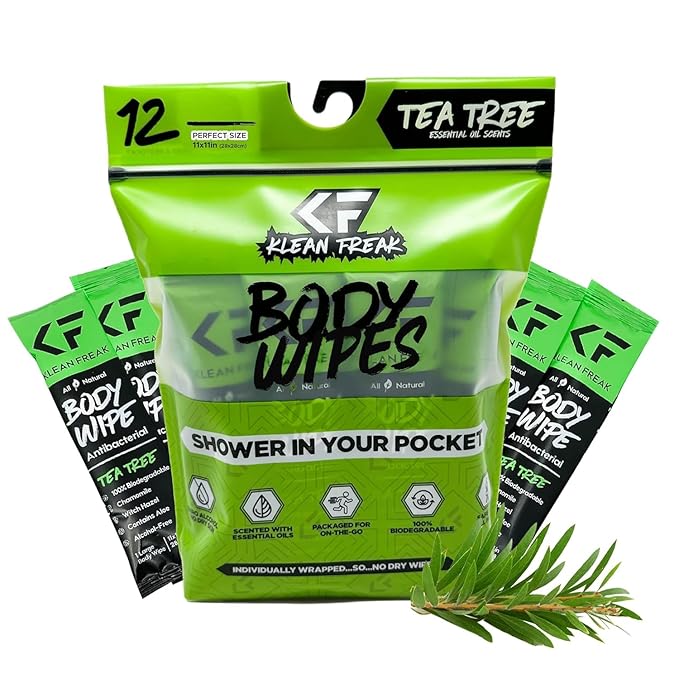 Body 12-Count Wipes - Original Disposable Wipes, Individually Wrapped for the Gym, Workout, Hiking, Travel, and Sport (Tea-Tree)