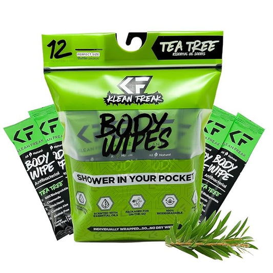Body 12-Count Wipes - Original Disposable Wipes, Individually Wrapped for the Gym, Workout, Hiking, Travel, and Sport (Tea-Tree)