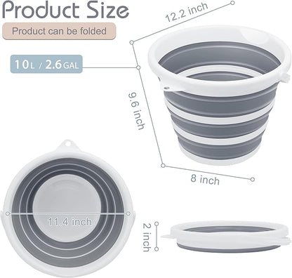 Collapsible Bucket Mop Bucket 2.6 Gallon(10L) for House Cleaning, Travel, and More - Lightweight, Foldable, and Portable for Outdoor Adventures(Grey-Round)