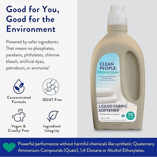 The Clean People Liquid Fabric Softener - Softens & Removes Static Cling - Vegan (50 Fl Oz, Fresh & Clean)