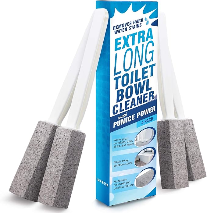 Impresa [4 Pack] Extra Long Handled Pumice Stone Toilet Bowl Cleaner - Limescale Remover - Pumice Toilet Brush - Also Cleans BBQ Grills, Tiles, Tile Grout, & Swimming Pools