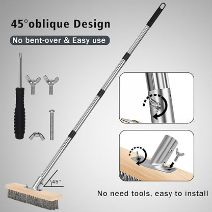 Heavy Duty Wire Brush, Multifunction Outdoor Push Broom for Garden Cleaning, Wide Metal Scrub Broom with Detachable 64.9in Handle for Deck Pavers Patios Walkways Concrete Floor