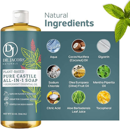 Dr. Jacobs Naturals Peppermint Castile Soap All-Purpose Cleaner, Effective Plant-Based Formula for House Cleaning. Eco-friendly for Home Essentials and the Planet (32 Fl Oz, 1 Pack)