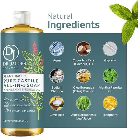 Dr. Jacobs Naturals Peppermint Castile Soap All-Purpose Cleaner, Effective Plant-Based Formula for House Cleaning. Eco-friendly for Home Essentials and the Planet (32 Fl Oz, 2 Pack)