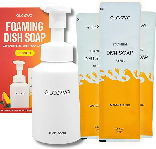 Eco Friendly Foaming Dish Soap Starter Set, Reusable Aluminum Soap Dispenser, Zero Waster, Non Toxic, Concentrated Powder Dish Soap Refill (Pack of 3) Make 36 oz of Foaming Dish Washing Liquid