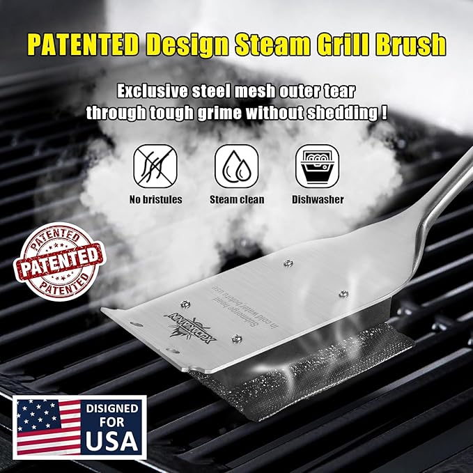 18” Steam Grill Brush Bristle Free,Safe Grill Cleaner for Outdoor Grill,Replaceable Head Grill Scraper Tool,BBQ Grill Cleaning Brush Kit,Grill Brush BBQ Accessories,Gifts for Men/Dad