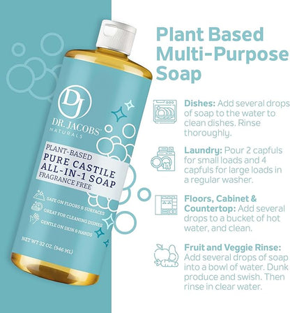 Dr. Jacobs Naturals Fragrance Free Castile All-In-One Cleaner and Soap, Effective Plant-Based Formula for House Cleaning. Eco-friendly for Home Essentials and the Planet (32 Fl Oz, 2 Pack)