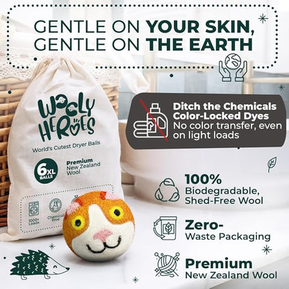 No More Dryer Sheets - Wool Dryer Balls - XL 6-Pack - Eco Dryer Balls - Dryer Balls Laundry Reusable - Softens Laundry Naturally - Reduces Drying Time & Static - with Storage Bag