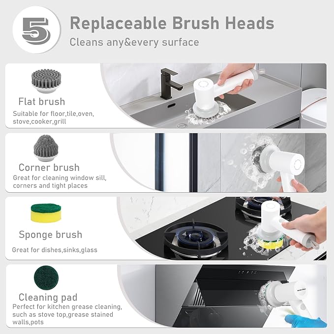 Electric Spin Scrubber Cordless Power - Handheld Spin Brush with 5 Replacemet Brush Heads, Scrubber for Cleaning Kitchen Bathroom Floor Stove with 2 Speeds Include Type-C Charger and Battery (White)