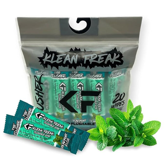 THE KLEAN FREAK FLUSHER - Flushable Wipes For Adults & Kids - 100% BIODEGRADABLE Individual Wrapped Travel WET Wipe for Toilet - Soothing Aloe & Witch Hazel - Alcohol Free 20 Pack - Spearmint Rush