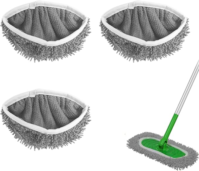 3 Pack Reusable Microfiber Mop Pads Compatible with Swiffer Sweeper Mop (10-12in), Washable Mop Replacement Pads Dry Sweeping Cloths, Flat Dust Mop Refills for Hardwood Floors Cleaning, Grey