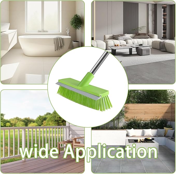MEIBEI Floor Scrub Brush with Rubber Blade-54 Inches, Stiff Bristles Deck Brush with Adjustable Long Handle, Ideal for Cleaning Kitchen, Bathroom, Garage, Yard and Patio