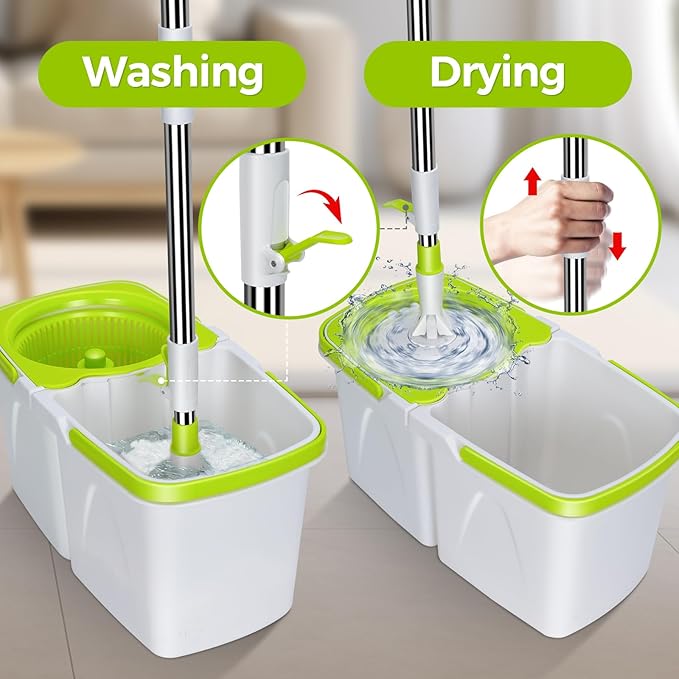 Masthome Mop and Bucket with Wringer Set, Small Spin Mops with Bucket Detachable and 3 Microfiber Mop Pads, 50" Microfiber Spin Mop for Hardwood Laminate Ceramic Marble Tile Floor Cleaning