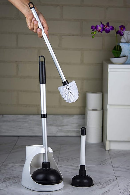 NEIKO 60168A Toilet Plunger Set, 4 Piece, Bonus Mini Sink & Drain Plunger, Toilet Bowl Brush & Caddy, Patented All-Angle Design, Telescopic Aluminum Handle, Bathroom Toilet Brush and Plunger Set