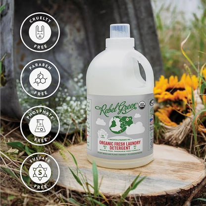 Rebel Green Organic Laundry Detergent - Natural Laundry Soap - Liquid Laundry Detergent with Dispenser Cup - Gentle Laundry Detergent - Fresh Unscented Soap - (68 Load Bottles, 2 Pack)
