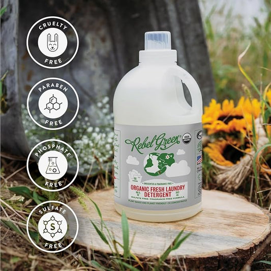 Rebel Green Organic Laundry Detergent - Natural Laundry Soap - Liquid Laundry Detergent with Dispenser Cup - Gentle Laundry Detergent - Fresh Unscented Soap - (68 Load Bottles, 2 Pack)