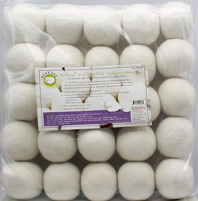 Wooland Wholesale Bulk Laundry XL Premium Wool Dryer Balls - 100% New Zealand Organic Wool Natural Fabric Softener for Sensitive Skin, Babies (50 Count)