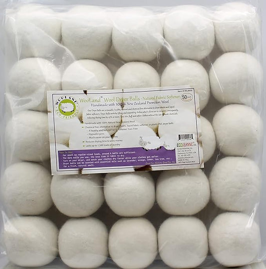 Wooland Wholesale Bulk Laundry XL Premium Wool Dryer Balls - 100% New Zealand Organic Wool Natural Fabric Softener for Sensitive Skin, Babies (50 Count)