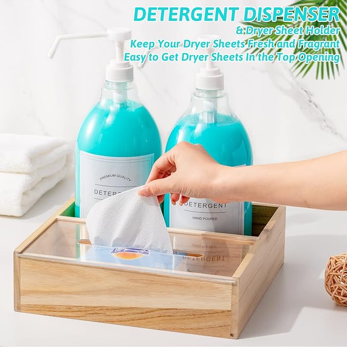 Liquid Laundry Detergent Dispenser for Laundry Room, 70.5oz Laundry Detergent Storage Container, Laundry Dispenser for Liquid Detergent, Includes Pumps, Labels and Wooden Organizer Box,2 Pack