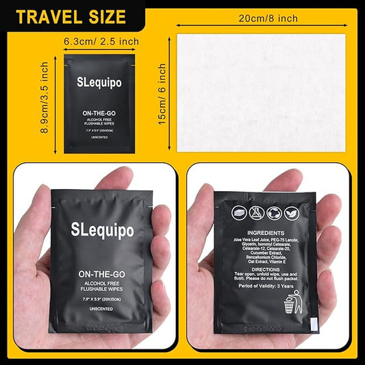 100 Pcs Flushable Wet Wipes, Aloe Vera for Butt, Hands, Face Cleaning, Sufficient Quantity, Individual Wrapped, Portable Size, Ideal for Daily Use, Plant Based, Black