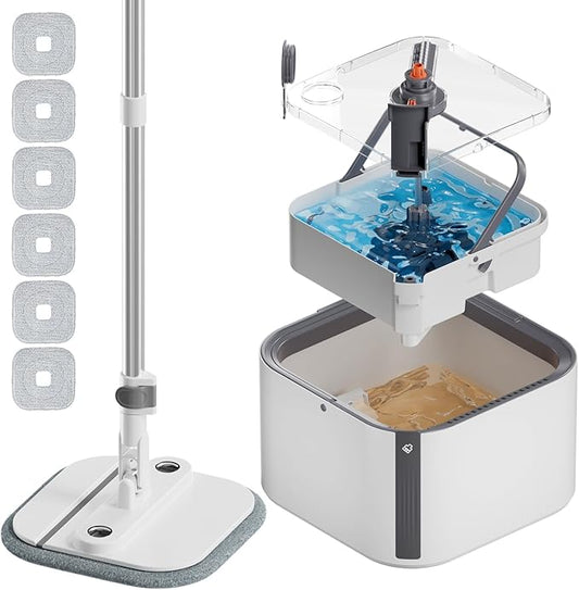 Upgraded Spin Mop and Bucket System Set, Self Separate Clean and Dirty Water, Foldable Square Standing Mop Head with Microfiber Mop Pads, Detachable Bucket (Grey, Mop Set with 6PC Pads)