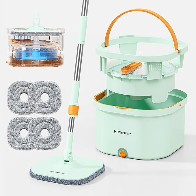 Spin Mop and Bucket Set with Detachable Inner Mop Bucket, Mops and Buckets for Floor Cleaning Includes 4 Replaceable Thick Microfiber Mop Pads