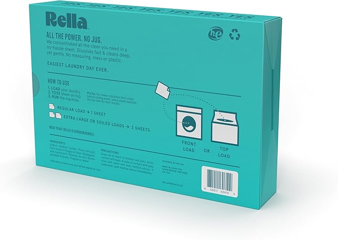 Rella Powerful Laundry Detergent Sheets, 60 Count, Family Owned & Operated, Fresh Linen Scent, Biodegradable, Eco Friendly, Travel Laundry Detergent Sheets