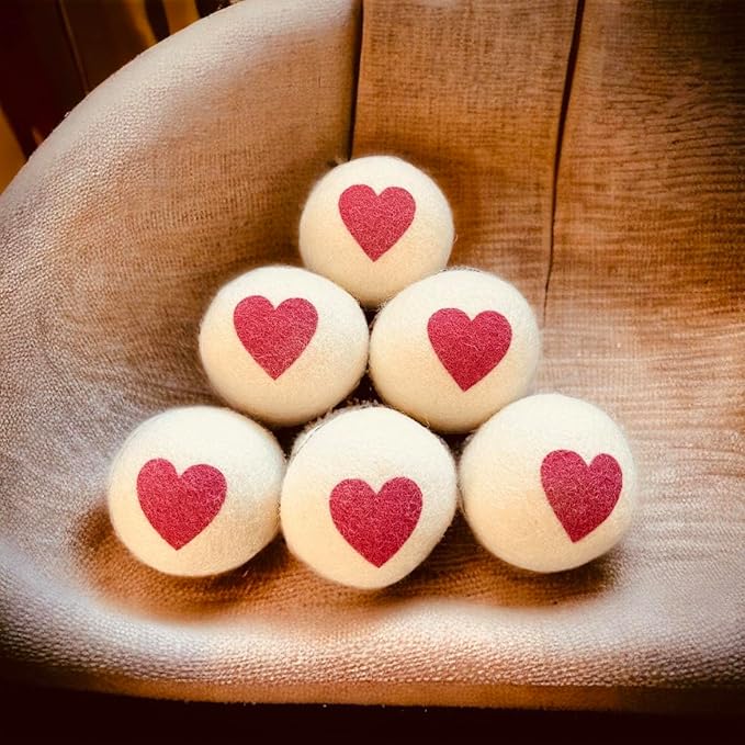 Dryer Balls Red Heart Natural Wool Reusable Eco-Friendly 6-Pack XL Premium All Natural Reduces Wrinkles Saves Drying Time Chemical Free Alternative to Dryer Sheets and Fabric Softener