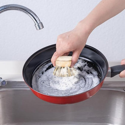Bamboo Dish Scrubber - Hard Bristles, Natural Dish Brush with Handle 4 Replacement Heads, Compostable & Sustainable, Kitchen Brush for Cleaning Dishes, Pots and Pans