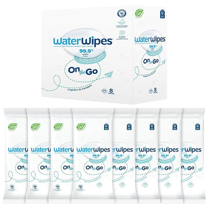 WaterWipes On The Go Wipes, 99.9% Water-Based Wipes for Travel, Sports, and to Refresh Skin, Unscented & Hypoallergenic, 224 Count (8 Packs)