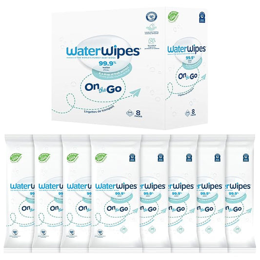 WaterWipes On The Go Wipes, 99.9% Water-Based Wipes for Travel, Sports, and to Refresh Skin, Unscented & Hypoallergenic, 224 Count (8 Packs)