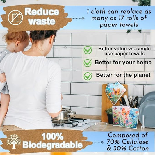 Swedish Dishcloths - Ecofriendly Reusable Paper Towels, Biodegradable Dish Cloths - Cellulose Sponge Dish Cloths for Washing Dishes - 8 Pack (Butterfly)