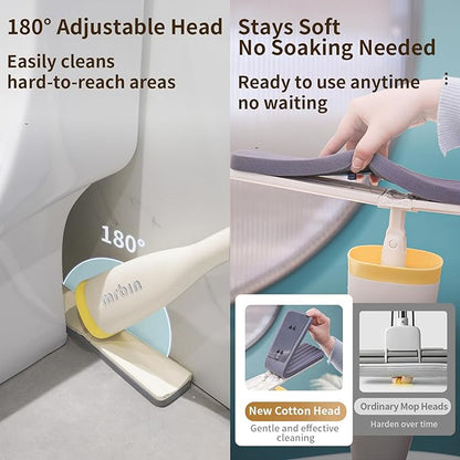 Self Wringing Sponge Flat Large Mops Dusting Soft, Hands Free Collapsible Wet Reusable Cleaner Head Replacement with Long Metal Handle for Bathroom Tile, Hard Wood Floor, Wall Cleaning, White
