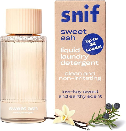 Snif Sweet Ash Laundry Detergent, Low Key Sweet and Earthy Scent, 64 Loads, Non-Irritating to Skin, Clean, Non-Toxic, Vegan, Cruelty Free, 32oz