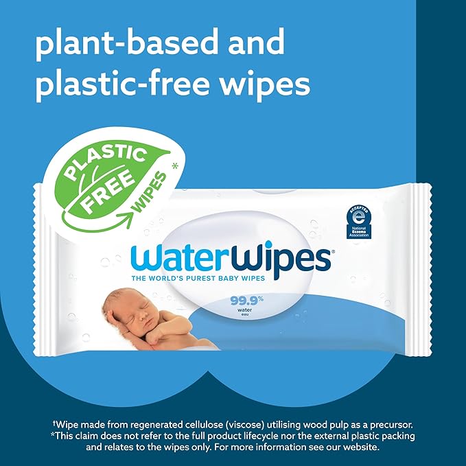 WaterWipes Plastic-Free Original Baby Wipes, 99.9% Water Based Wipes, Unscented & Hypoallergenic for Sensitive Skin, 300 Count (5 packs)