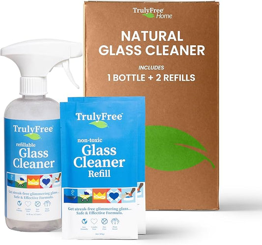 Natural Glass Cleaner Spray- Removes Dirt & Debris for Sparkling Clean Windows & Glass Surfaces at Home, Office & Garage, Includes: 1 Refillable Empty Bottle (16oz) & 2 Refills (3oz ea)